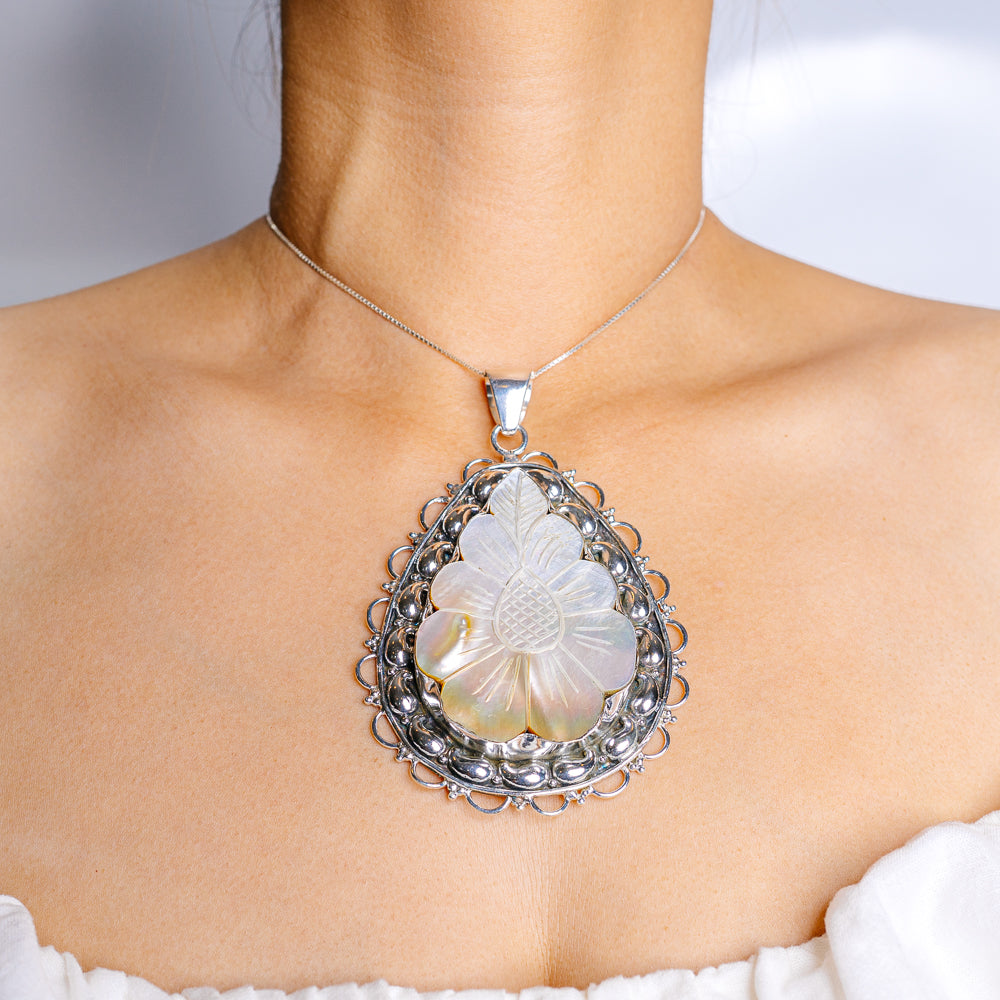 Gigantic Mother Of Pearl Pendant 4 1/4" (.925 Sterling Silver)