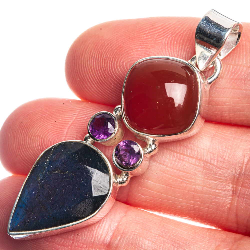 Labradorite, Red Onyx, Amethyst 925 Sterling Silver Pendant 1 7/8"