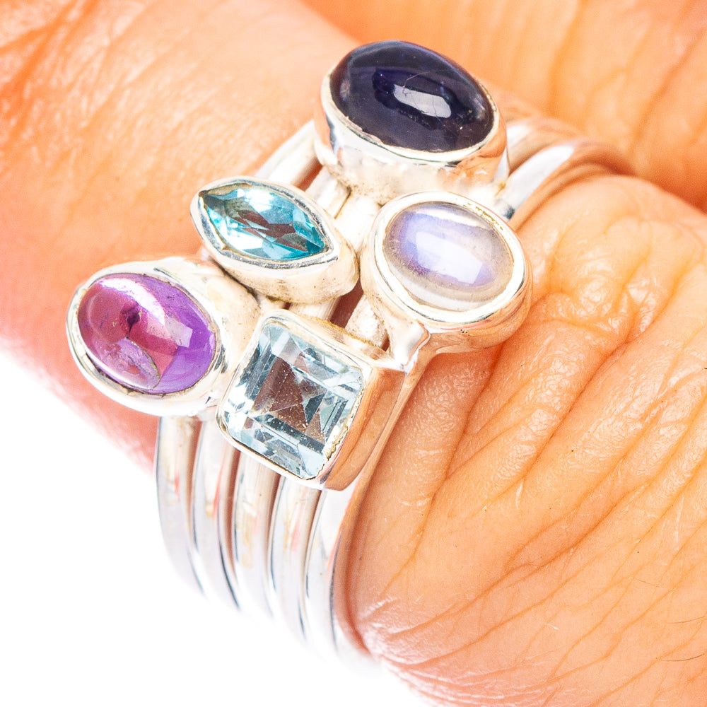 Black Onyx, Amethyst, Blue Topaz, Rainbow Moonstone Ring Size 6.25 (925 Sterling Silver) R7386