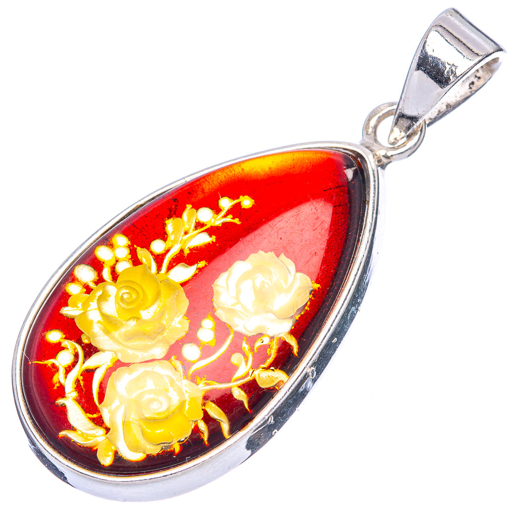 Amber Intaglio Rose Pendant 1 3/4" (925 Sterling Silver) P42564