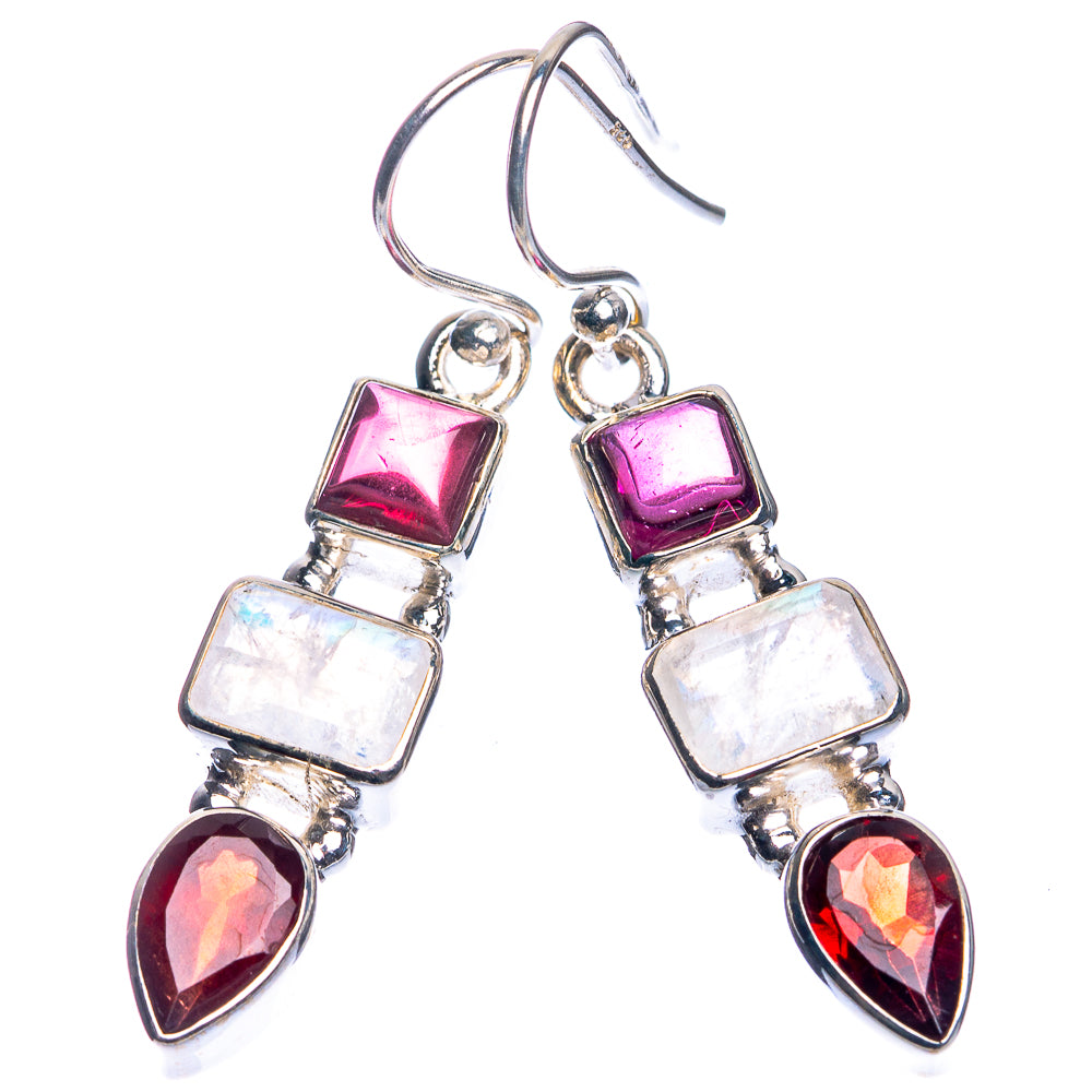 Rainbow Moonstone, Garnet Earrings 1 5/8" (925 Sterling Silver) E432772
