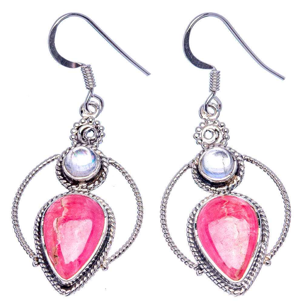 Premium Rhodochrosite, Rainbow Moonstone Earrings 1 7/8" (.925 Sterling Silver)