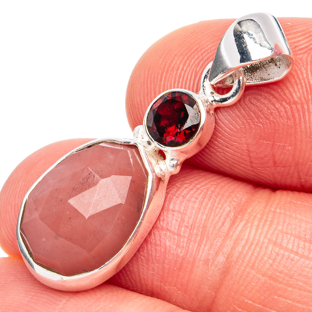 Dainty Pink Opal, Garnet Pendant 1 1/4" (925 Sterling Silver) P45278