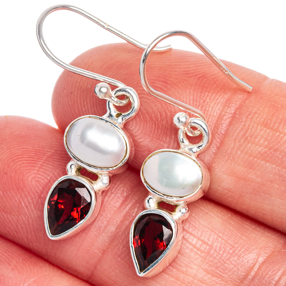 Cultured Pearl, Garnet Earrings 1 1/4" (925 Sterling Silver) E433546