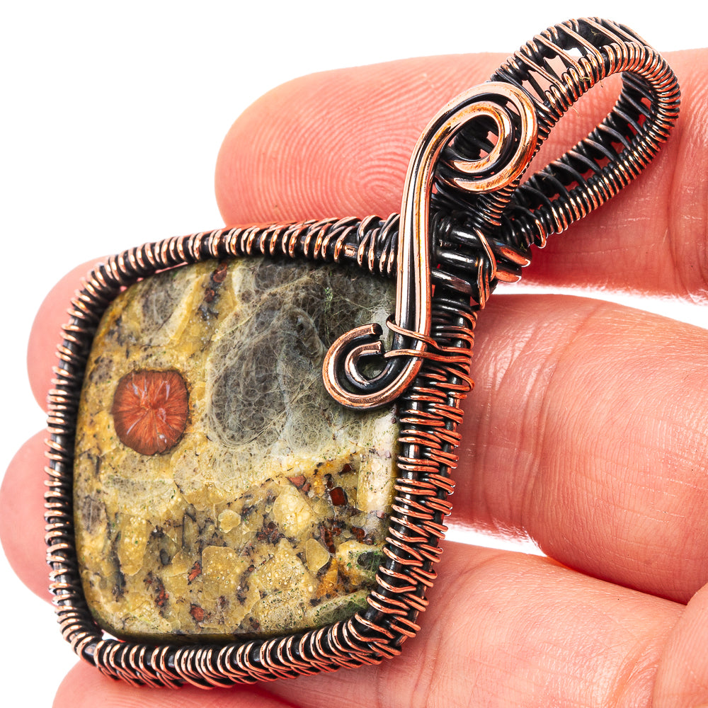 Peanut Obsidian Wire Wrap Pendant 2 3/8" (Oxidized Copper)