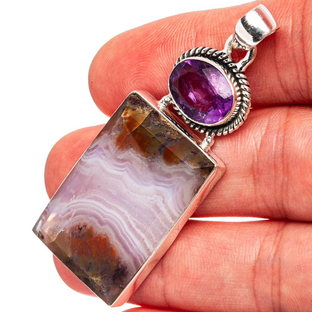 Premium Indonesian Plume Agate, Amethyst Pendant 2 1/8" (.925 Sterling Silver)