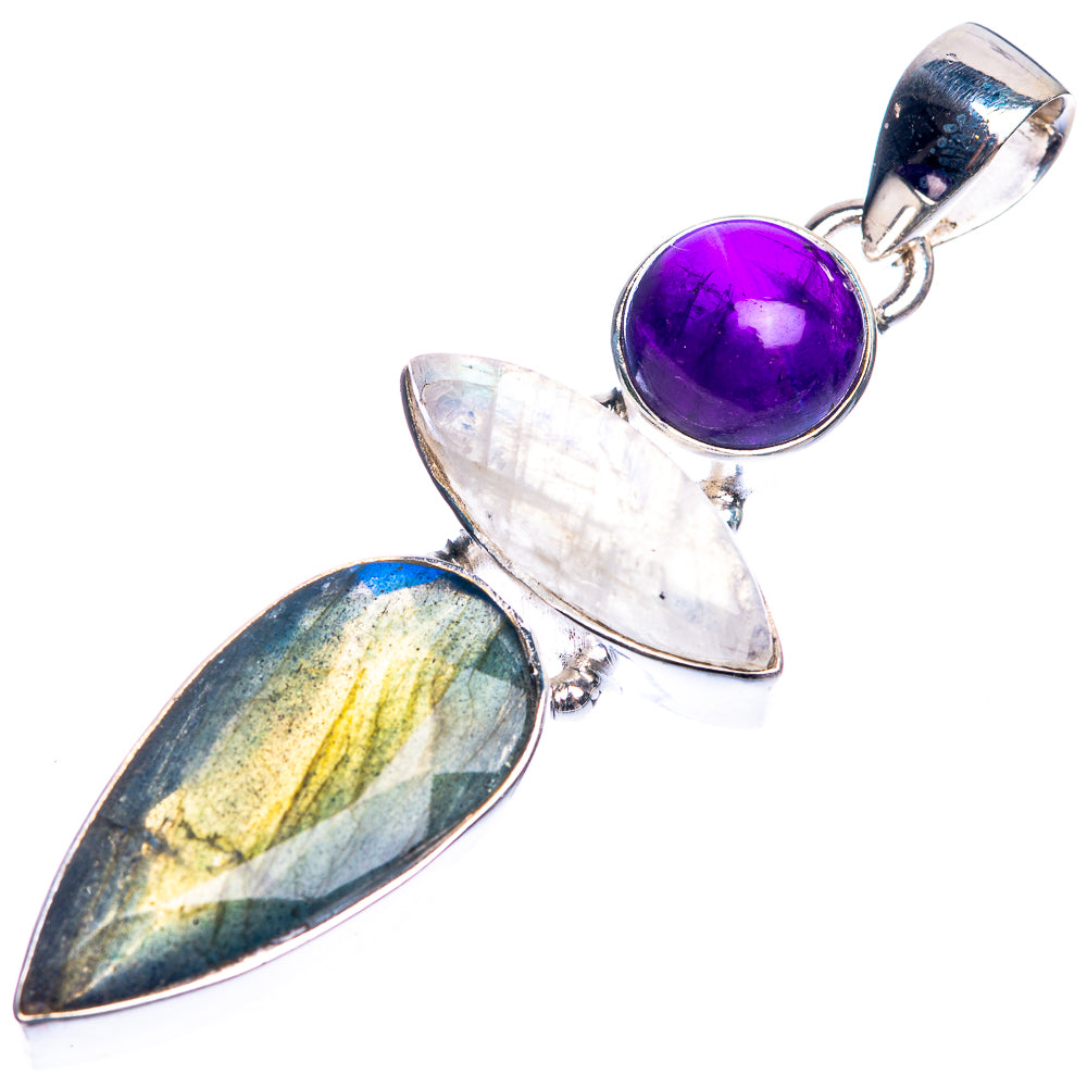 Labradorite, Rainbow Moonstone, Amethyst 925 Sterling Silver Pendant 2 1/8"