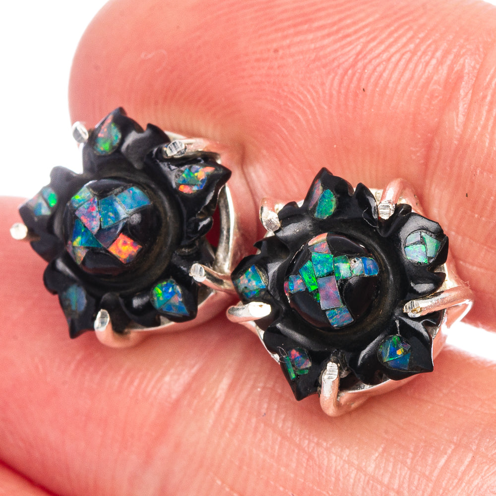 Rare Black Onyx Opal Earrings 1/2" (925 Sterling Silver) E1152