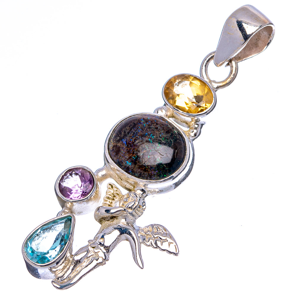 Rare Andamooka Opal Angel, Citrine, Blue Topaz, Amethyst Pendant 1 3/4" (.925 Sterling Silver)