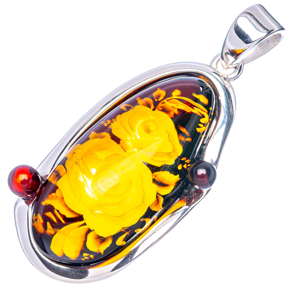 Amber Intaglio Rose Pendant 1 7/8" (925 Sterling Silver) P42575
