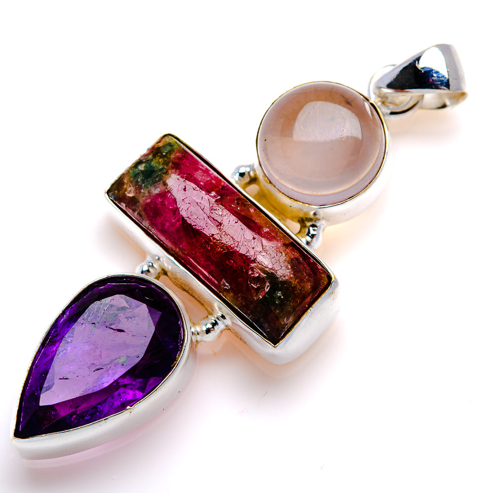 Natural Tourmaline, Amethyst, Rose Quartz Pendant 2" (925 Sterling Silver) PD38091