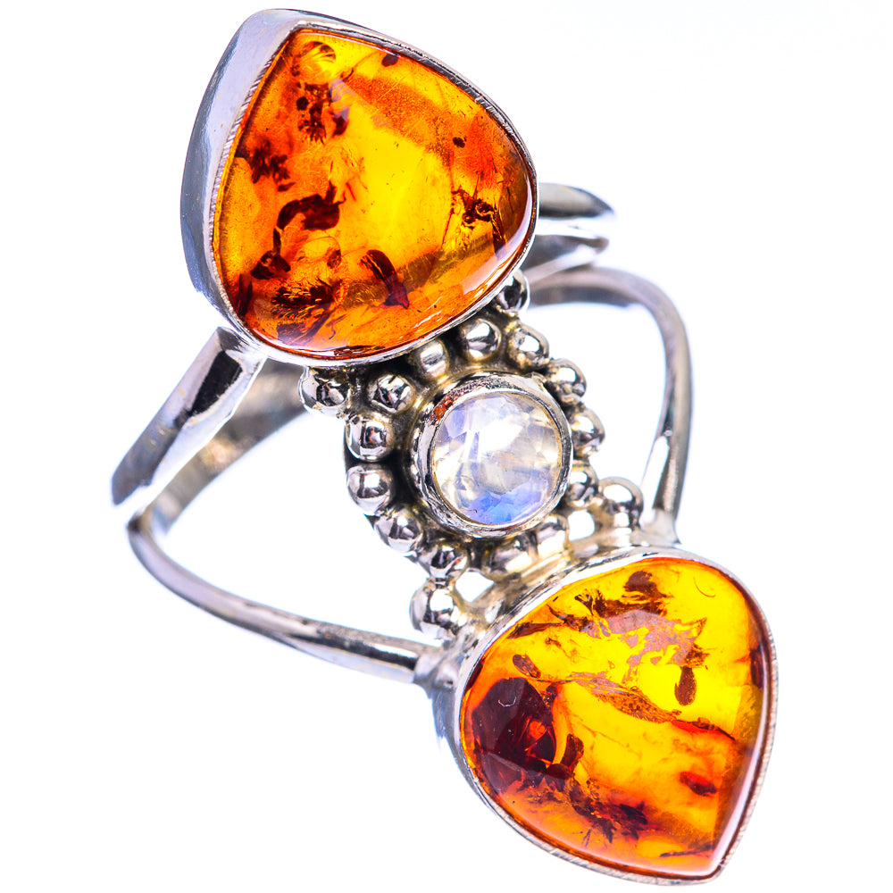 Large Baltic Amber, Rainbow Moonstone Ring Size 10 (925 Sterling Silver) R143158
