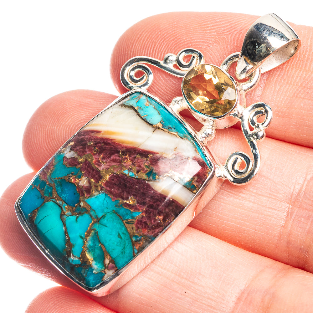 Spiny Oyster Turquoise, Citrine 925 Sterling Silver Pendant 1 3/4"