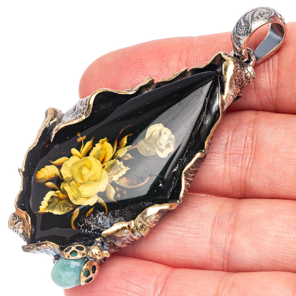 Anasilvercos Baltic Amber Cameo Pendant 2 3/4" (925 Sterlnig Silver)