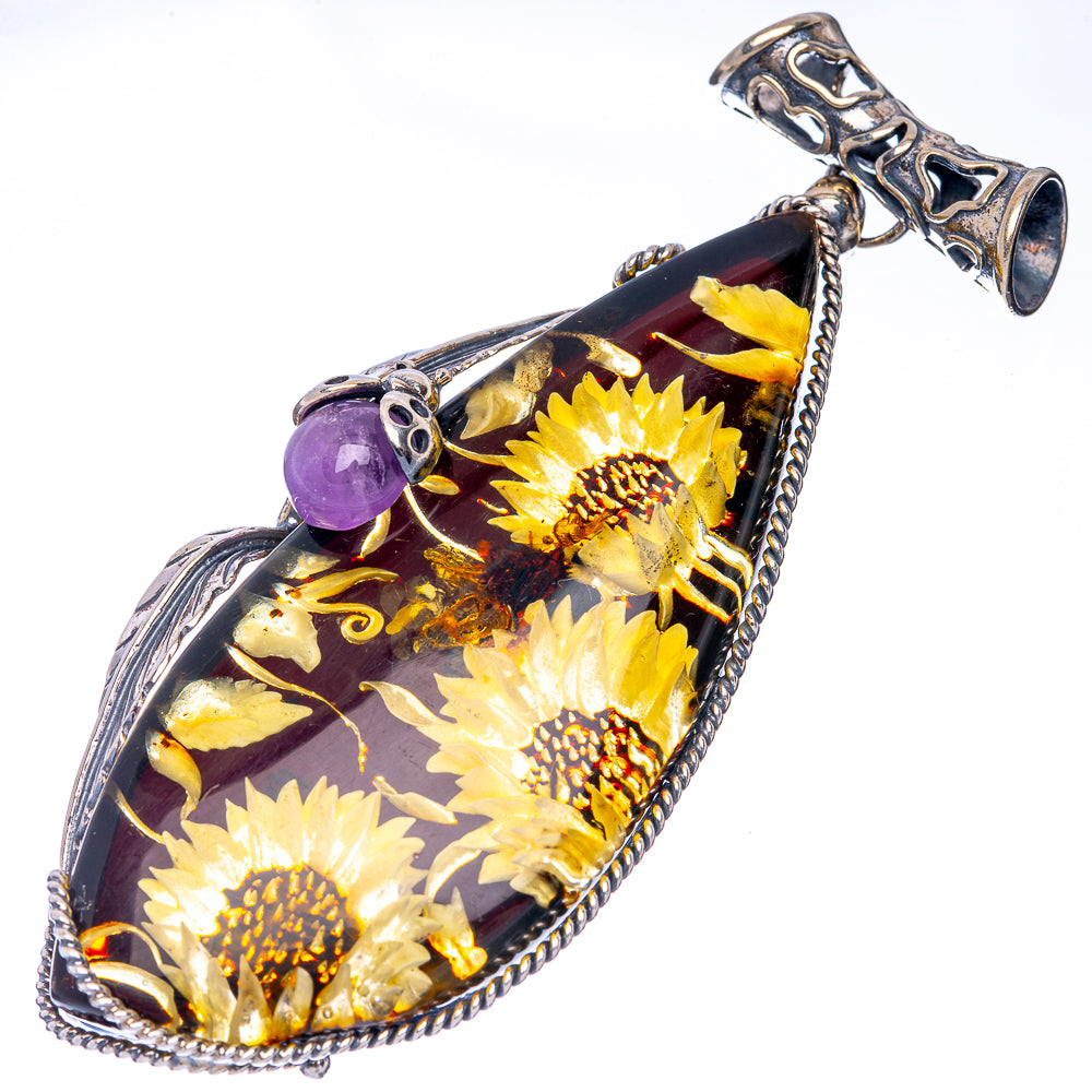 Anasilvercos Baltic Amber Cameo Pendant 3 1/8" (925 Sterlnig Silver)
