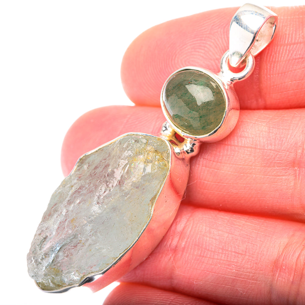 Raw Aquamarine, Green Aventurine Pendant 2 1/8" (925 Sterling Silver) PD38521