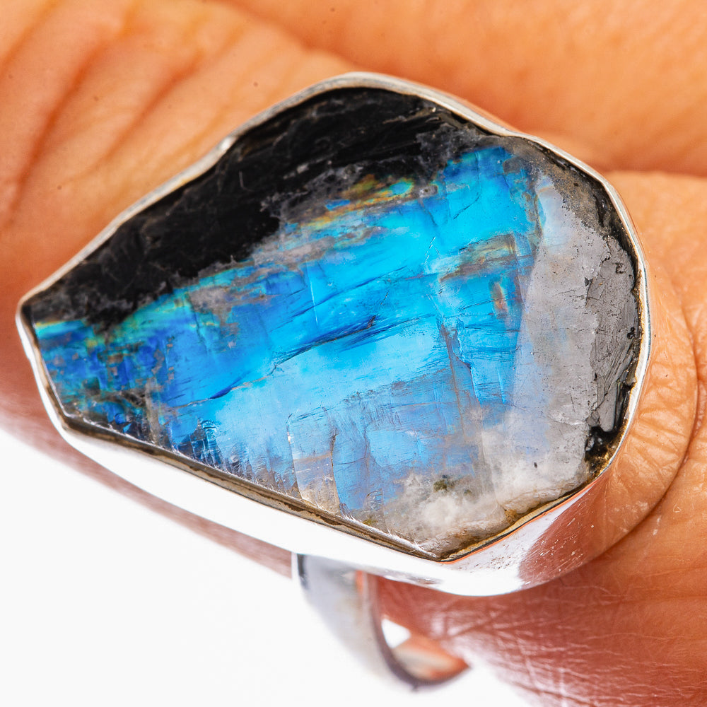 Large Raw Rainbow Moonstone Ring Size 10.5 (925 Sterling Silver) R142349