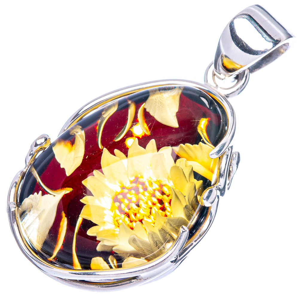Amber Intaglio Sunflower Pendant 1 3/8" (925 Sterling Silver) P42561