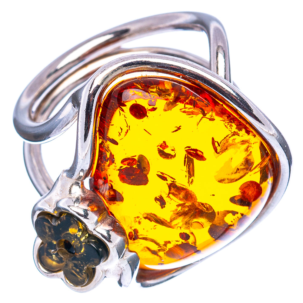 Baltic Amber Flower Ring Size 7 Adjustable (.925 Sterling Silver)