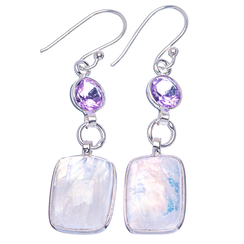 Rainbow Moonstone, Amethyst Earrings 1 3/4" (.925 Sterling Silver)