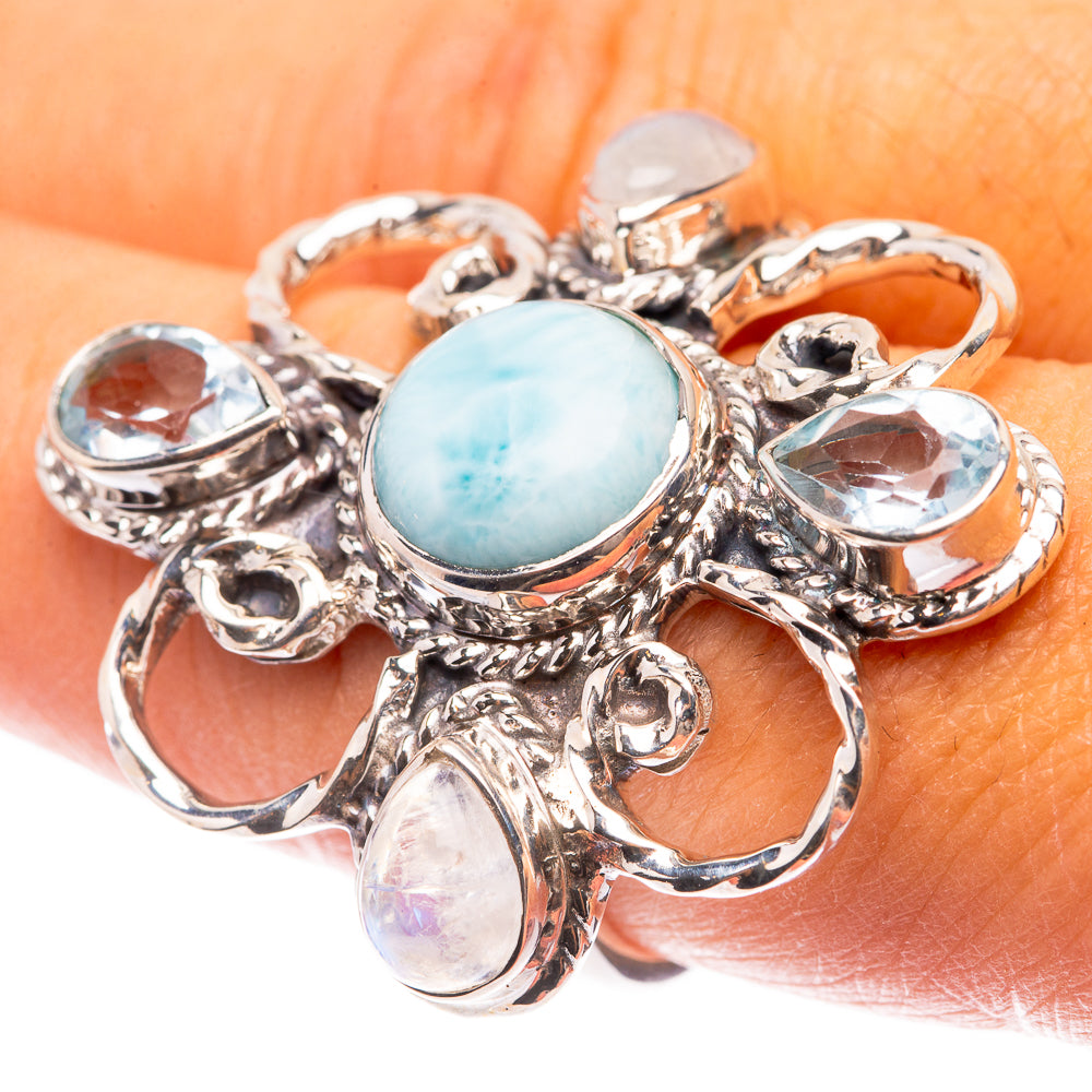 Signature Larimar, Blue Topaz, Rainbow Moonstone Ring Size 8 (925 Sterling Silver) R141704