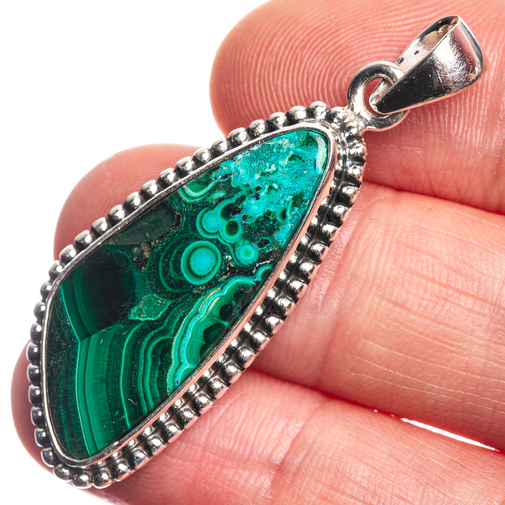 Malachite In Chrysocolla 925 Sterling Silver Pendant 1 3/4"