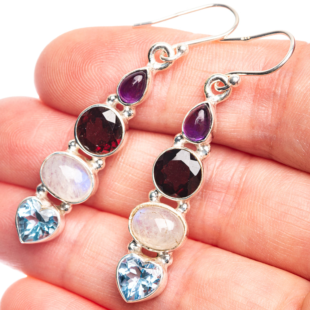 Rainbow Moonstone, Garnet, Amethyst, Blue Topaz Earrings 1 7/8" (925 Sterling Silver) E432592