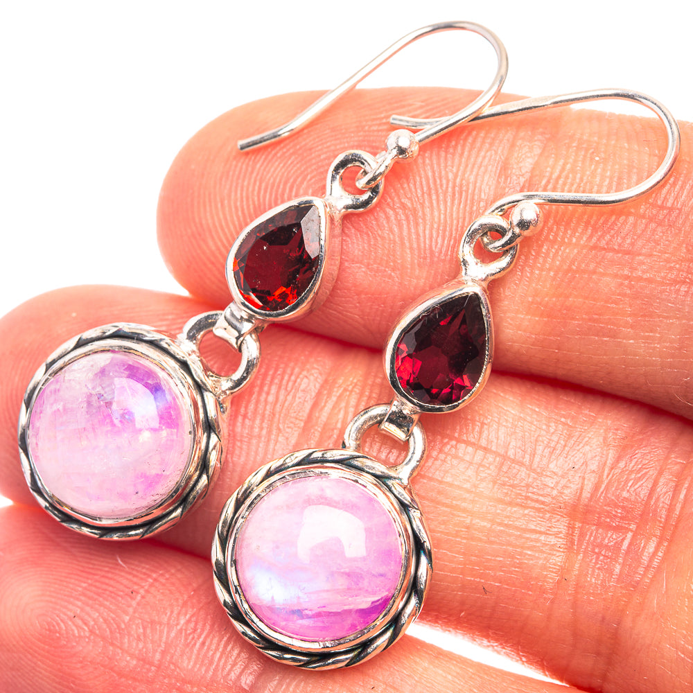 Pink Moonstone, Garnet Earrings 1 5/8" (925 Sterling Silver) E432405