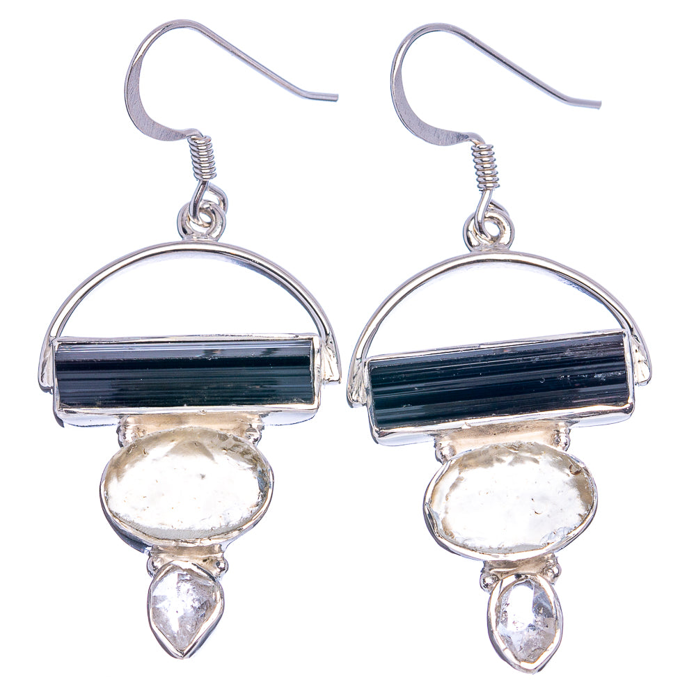 Signature Black Tourmaline, Libyan Desert Glass, Herkimer Diamond Earrings 2" (.925 Sterling Silver)