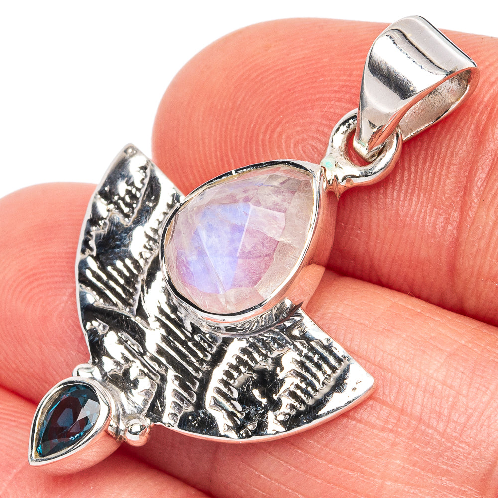 Premium Rainbow Moonstone, Blue Topaz Pendant 1 3/8" (925 Sterling Silver) P44686