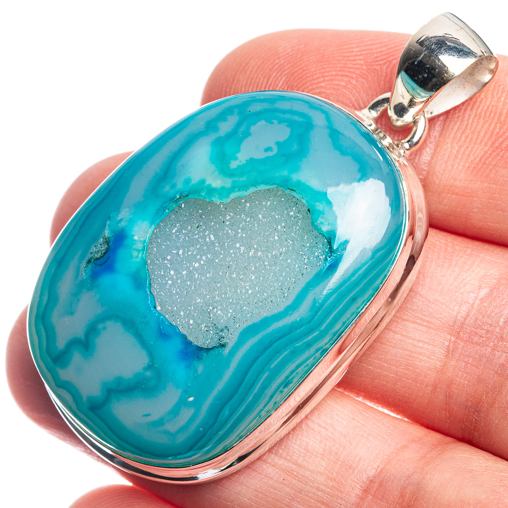Blue Druzy 925 Sterling Silver Pendant 1 7/8"