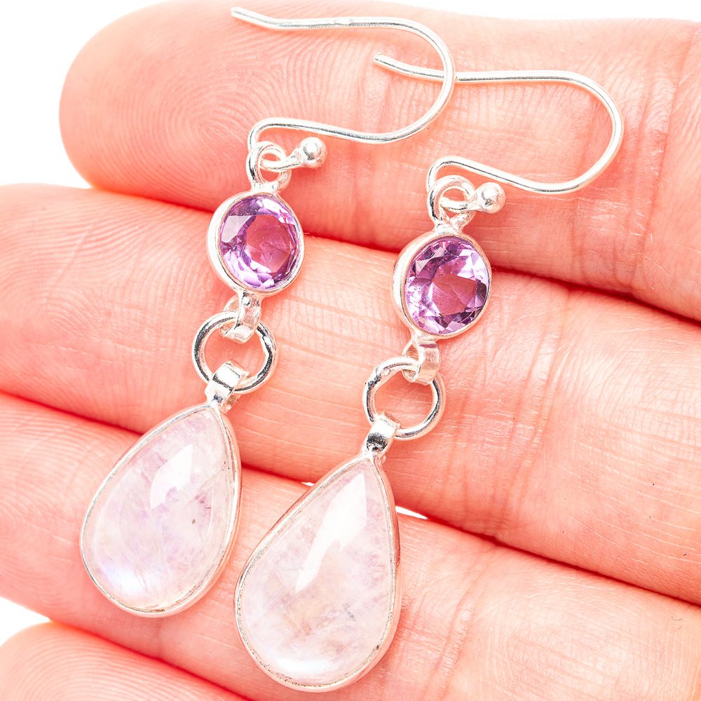 Rainbow Moonstone, Amethyst Earrings 1 3/4" (.925 Sterling Silver)