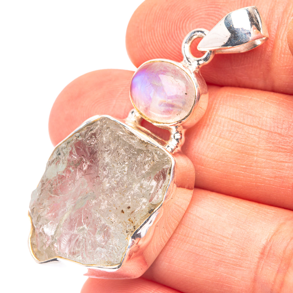 Raw Aquamarine, Rainbow Moonstone 925 Sterling Silver Pendant 1 3/4" (925 Sterling Silver) PD38629