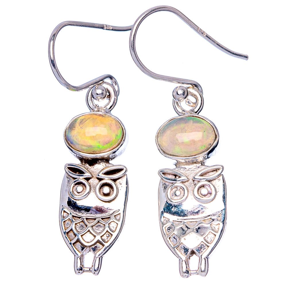 Rare Ethiopian Opal Owl Earrings 1 3/8" (925 Sterling Silver) E1555