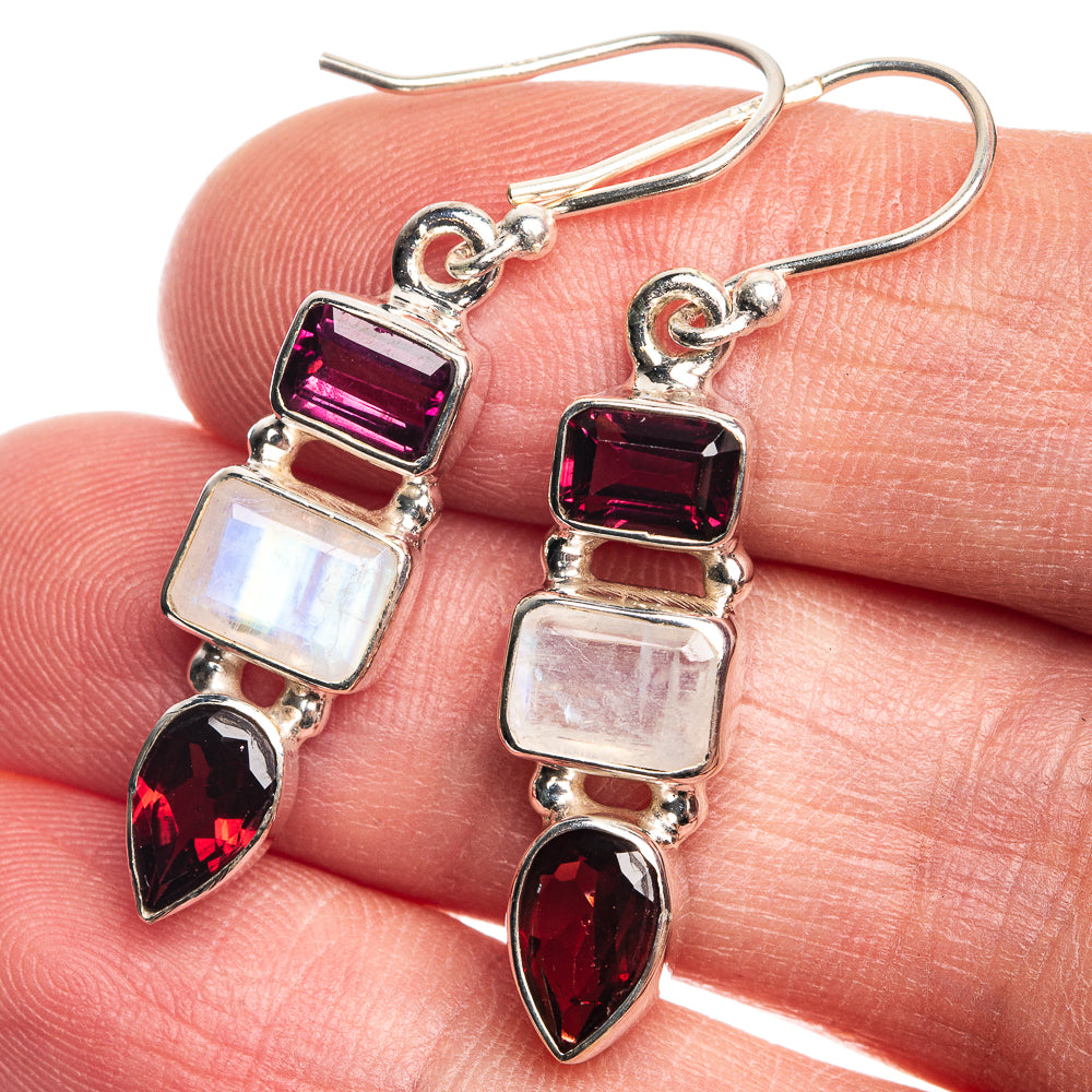 Rainbow Moonstone, Garnet Earrings 1 1/2" (925 Sterling Silver) E432683