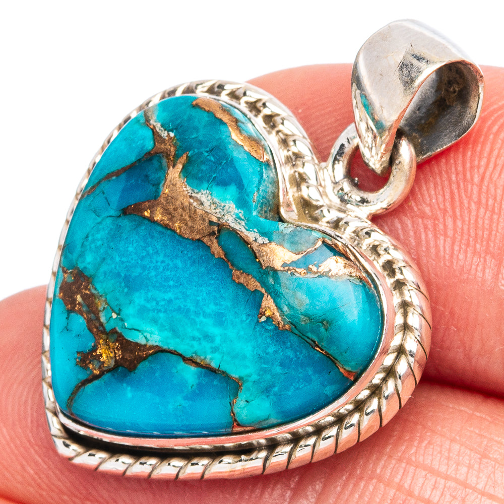 Blue Copper Composite Turquoise Heart Pendant 1 1/8" (925 Sterling Silver) P43434