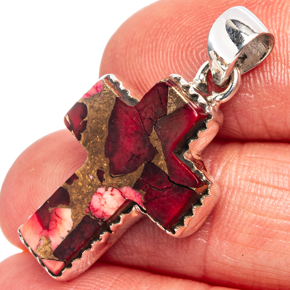 Native Style Red Dahlia Mohave Turquoise Cross Pendant 1 1/4" (.925 Sterling Silver)