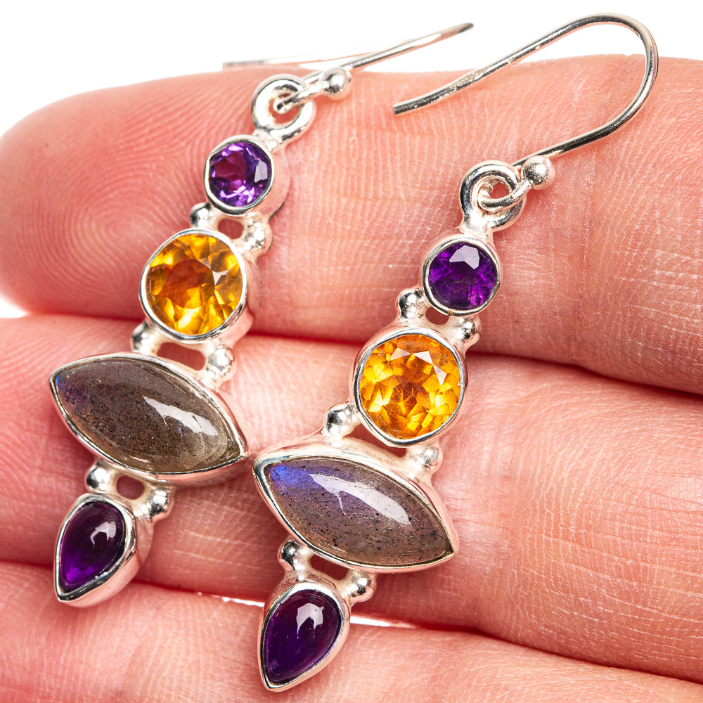 Labradorite, Amethyst, Citrine Earrings 1 3/4" (925 Sterling Silver) E432678