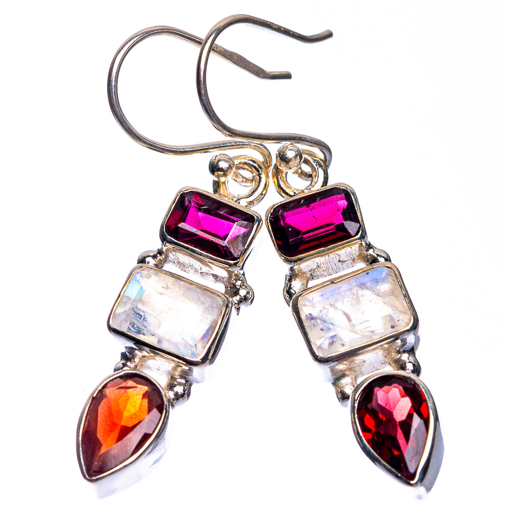 Rainbow Moonstone, Garnet Earrings 1 5/8" (925 Sterling Silver) E432642
