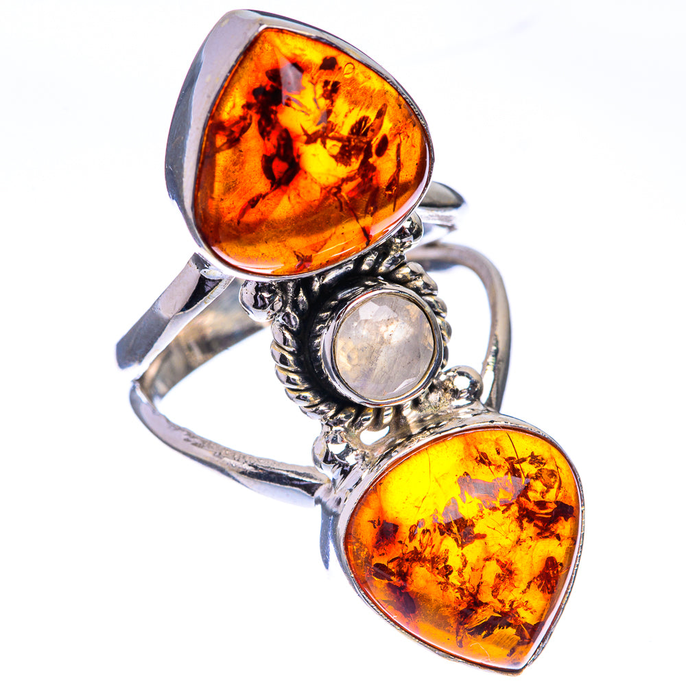 Large Baltic Amber, Rainbow Moonstone Ring Size 6.75 (925 Sterling Silver) RING143349