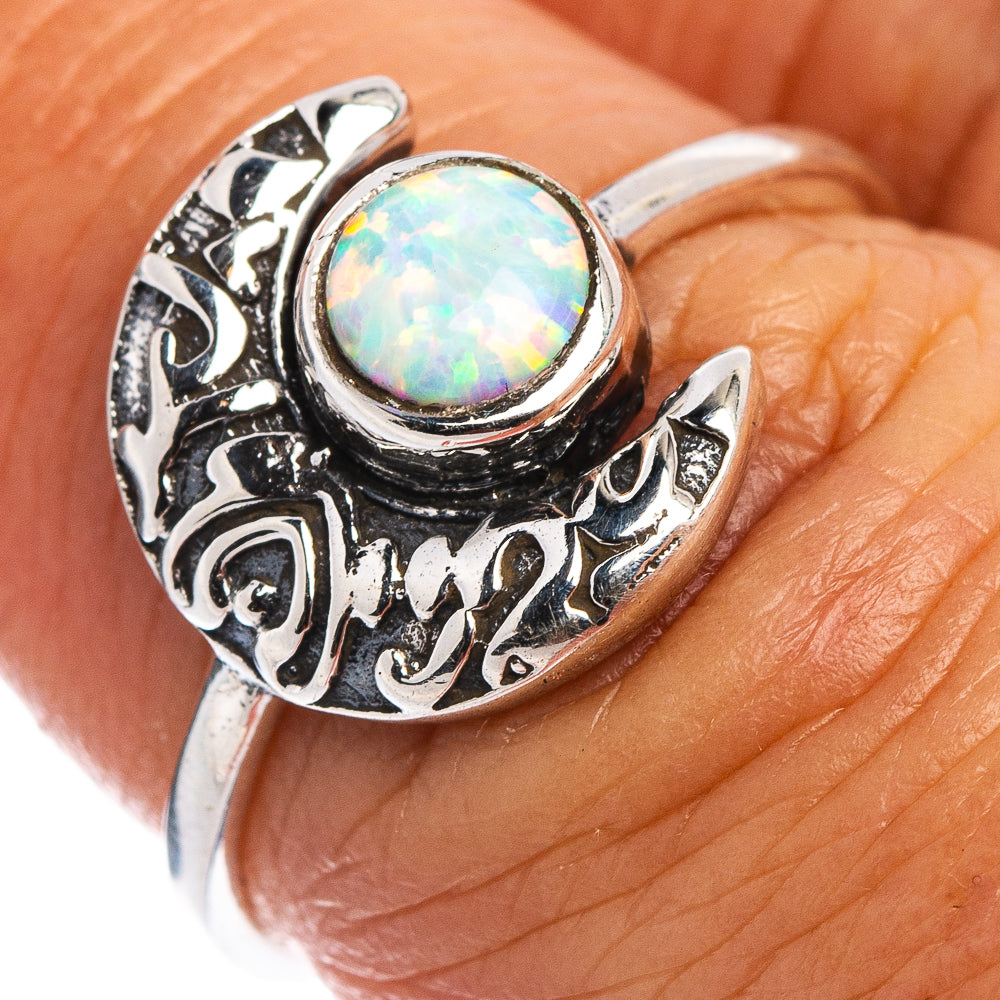 Lab Opal Moon Dainty Ring Size 6.75 (.925 Sterling Silver)