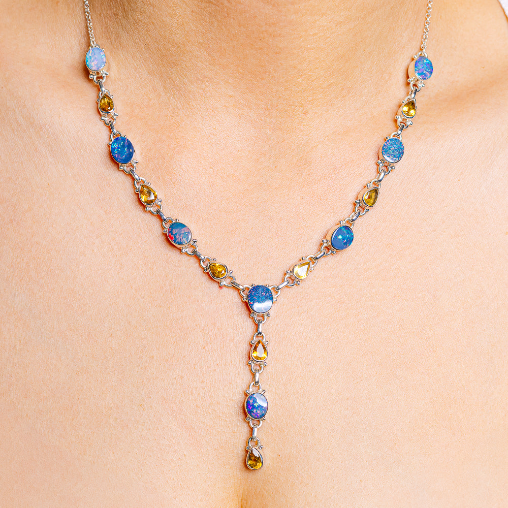 Doublet Opal, Citrine Necklace 18 to 20" (.925 Sterling Silver)