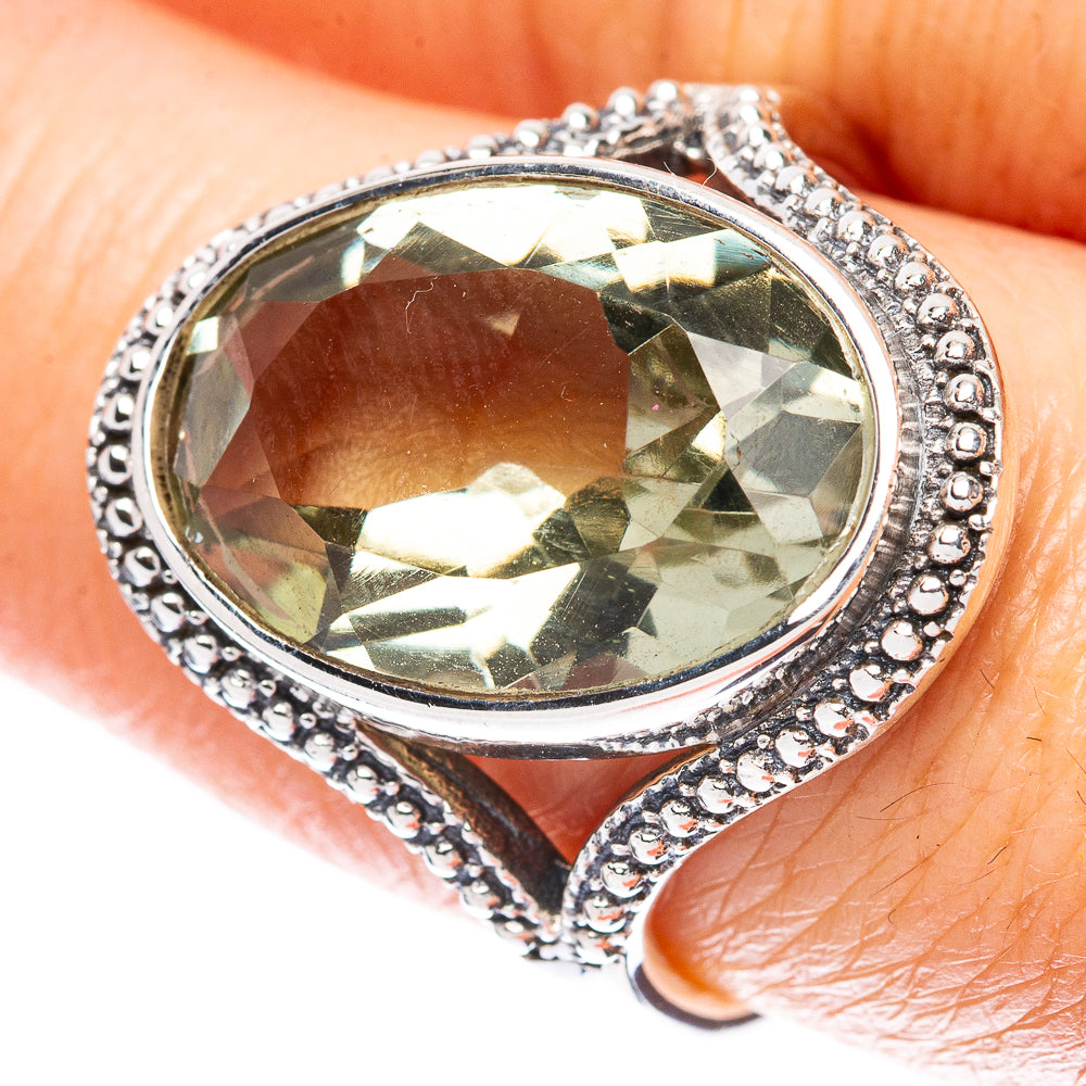 Faceted Green Amethyst Ring Size 8.5 (925 Sterling Silver) R3097