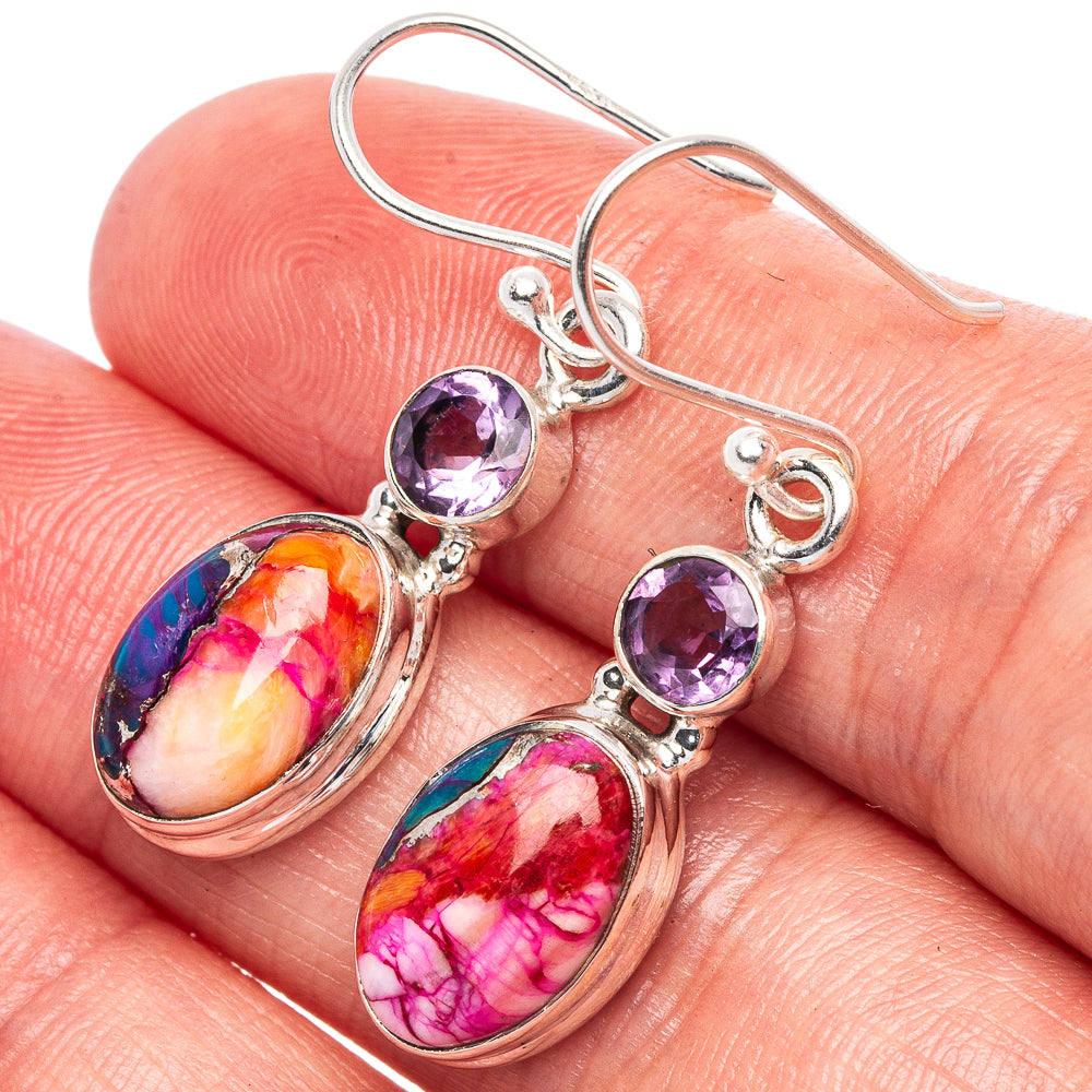 Kingman Pink Dahlia Turquoise, Amethyst Earrings 1 3/8" (925 Sterling Silver) E1697