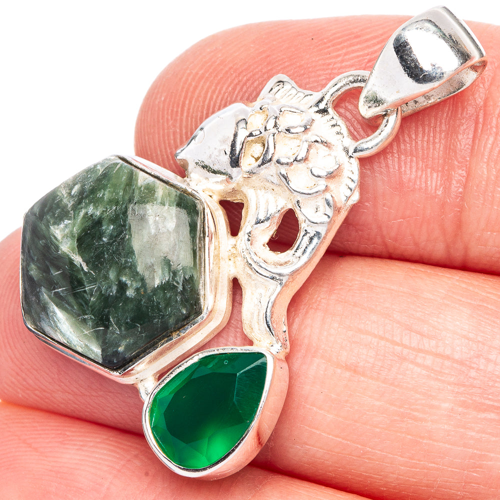 Seraphinite, Green Onyx Koi Pendant 1 3/8" (925 Sterling Silver) P40192
