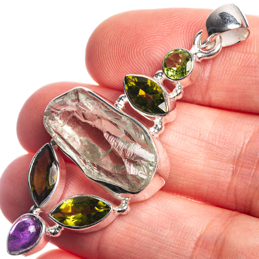 Rough Aquamarine, Peridot, Amethyst 925 Sterling Silver Pendant 2 1/8"