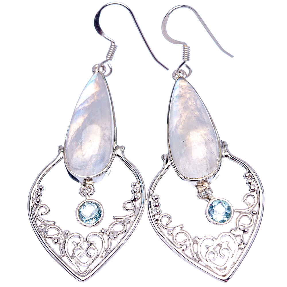 Signature Rainbow Moonstone, Blue Topaz Earrings 2 5/8" (.925 Sterling Silver)