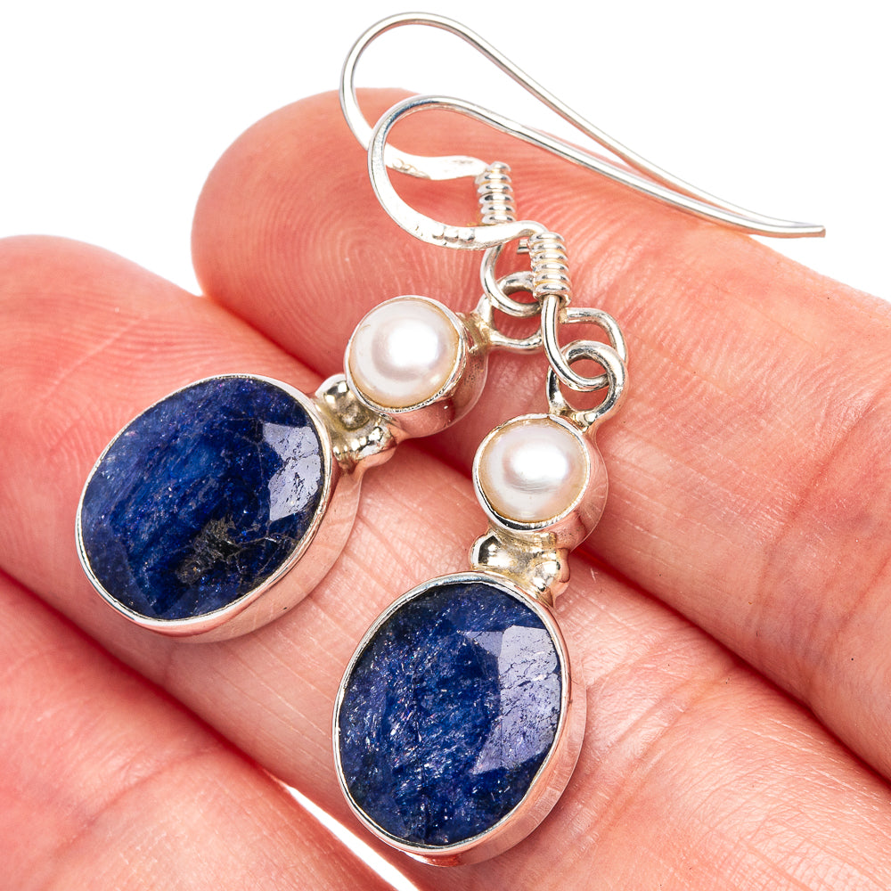 Blue Sillimanite, Cultured Pearl Earrings 1 1/2" (925 Sterling Silver) E433408