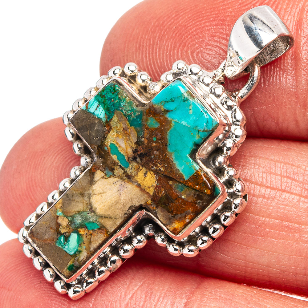 Native Style Sonora Mountain Turquoise Pendant 1 3/8" (.925 Sterling Silver)