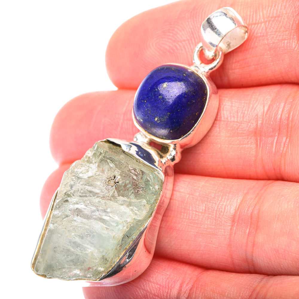 Raw Aquamarine, Lapis Lazuli Pendant 2 1/8" (925 Sterling Silver) PD38564